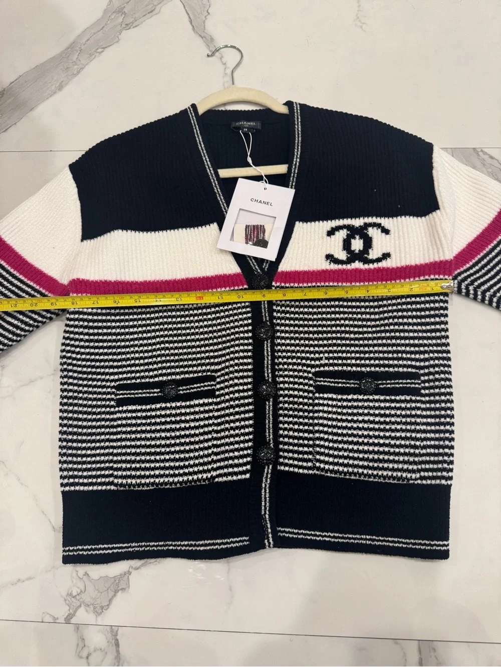 Black, White & Pink Striped Knit Cardigan With CC Logo
